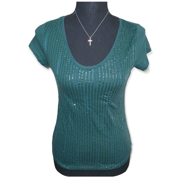 Ann Taylor loft green sequin scoop neck tee - Picture 2 of 8